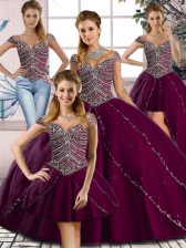  Purple Sweetheart Neckline Beading 15th Birthday Dress Cap Sleeves Lace Up
