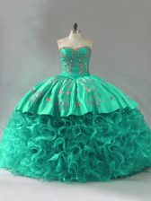 High Class Fabric With Rolling Flowers Sweetheart Sleeveless Court Train Lace Up Embroidery and Ruffles Quinceanera Dress in Green