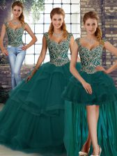  Peacock Green Tulle Lace Up Straps Sleeveless Floor Length Sweet 16 Quinceanera Dress Beading and Ruffles