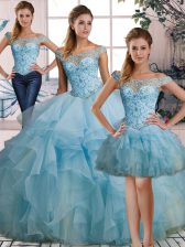  Floor Length Light Blue Quince Ball Gowns Organza Sleeveless Beading and Ruffles