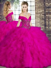 Fashion Fuchsia 15th Birthday Dress Military Ball and Sweet 16 and Quinceanera with Beading and Ruffles Off The Shoulder Sleeveless Lace Up