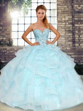  Sweetheart Sleeveless 15 Quinceanera Dress Floor Length Beading and Ruffles Light Blue Tulle