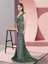Shining Green Mermaid V-neck Sleeveless Tulle Sweep Train Zipper Beading Homecoming Dress