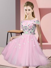  Baby Pink Dama Dress for Quinceanera Wedding Party with Appliques Off The Shoulder Short Sleeves Lace Up