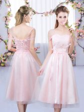  Sweetheart Short Sleeves Quinceanera Court of Honor Dress Tea Length Lace and Belt Baby Pink Tulle
