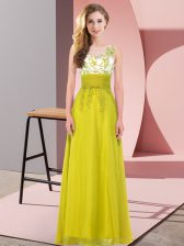  Olive Green Sleeveless Floor Length Appliques Backless Damas Dress