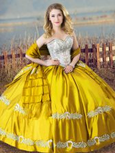 Cheap Sleeveless Floor Length Beading and Embroidery Lace Up 15th Birthday Dress with Gold