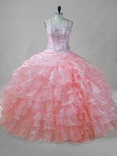  Pink Ball Gowns Beading and Ruffled Layers Quinceanera Dress Lace Up Organza Sleeveless Floor Length
