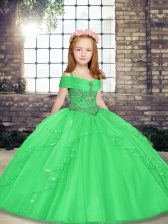 Best Floor Length Green High School Pageant Dress Tulle Sleeveless Beading