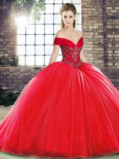 Fantastic Off The Shoulder Sleeveless Organza 15th Birthday Dress Beading Brush Train Lace Up