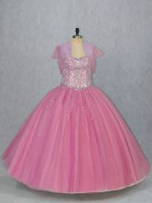  Pink Ball Gowns Sweetheart Sleeveless Tulle Floor Length Lace Up Beading Sweet 16 Dresses