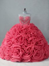 Super Sweetheart Sleeveless Brush Train Lace Up Vestidos de Quinceanera Coral Red Fabric With Rolling Flowers