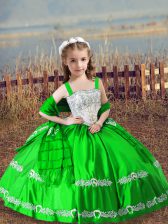 Beauteous Floor Length Green Little Girls Pageant Gowns Satin Sleeveless Beading and Embroidery