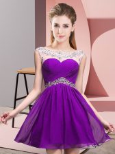  Mini Length Eggplant Purple Prom Party Dress Chiffon Sleeveless Beading and Ruching