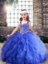  Blue Ball Gowns Straps Sleeveless Tulle Floor Length Lace Up Beading and Ruffles Little Girl Pageant Gowns