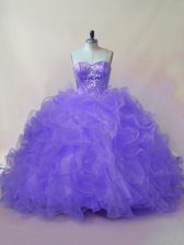 Simple Lavender Sleeveless Beading and Ruffles Floor Length Sweet 16 Dresses