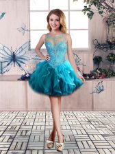 Flare Sleeveless Mini Length Beading and Ruffles Lace Up Homecoming Dress with Blue