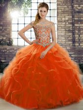 Luxurious Off The Shoulder Sleeveless Tulle Sweet 16 Quinceanera Dress Beading and Ruffles Brush Train Lace Up