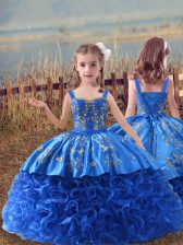 Adorable Blue Fabric With Rolling Flowers Lace Up Kids Pageant Dress Sleeveless Sweep Train Embroidery