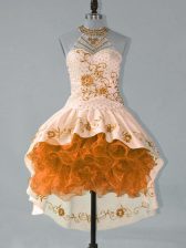 Admirable Brown Ball Gowns Satin and Organza Halter Top Sleeveless Embroidery and Ruffles High Low Lace Up Evening Dress