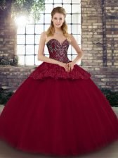 Simple Burgundy Ball Gowns Beading and Appliques Sweet 16 Dress Lace Up Tulle Sleeveless Floor Length