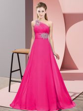 Flirting One Shoulder Sleeveless Floor Length Beading Hot Pink Chiffon