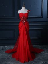Sexy One Shoulder Sleeveless Prom Gown Watteau Train Beading and Lace and Appliques Red Chiffon