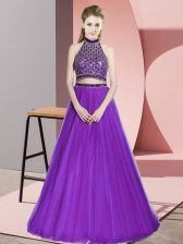  Eggplant Purple Sleeveless Beading Floor Length Prom Gown