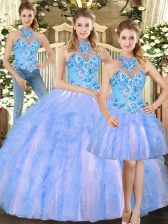 Nice Sleeveless Floor Length Embroidery Lace Up Quinceanera Gowns with Multi-color