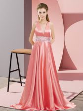 Glittering Backless Prom Party Dress Watermelon Red for Prom and Party with Beading Brush Train