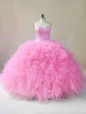 Customized Baby Pink Lace Up Sweet 16 Dress Beading and Ruffles Sleeveless Floor Length