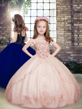 Beautiful Floor Length Pink Little Girl Pageant Gowns Tulle Sleeveless Beading