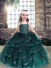 Fashionable Floor Length Lace Up Little Girls Pageant Dress Peacock Green for Party and Military Ball and Wedding Party with Beading and Ruffles