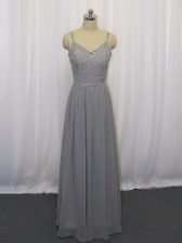  Beading and Lace Prom Dress Grey Zipper Sleeveless Floor Length