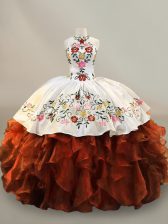 Traditional Rust Red Lace Up Halter Top Embroidery and Ruffles Vestidos de Quinceanera Organza Sleeveless