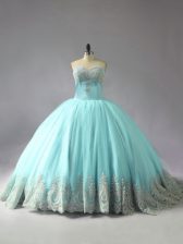 Captivating Blue Lace Up Sweetheart Appliques Quinceanera Gowns Tulle Sleeveless Court Train