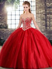 Adorable Lace Up Sweet 16 Dresses Red for Military Ball and Sweet 16 and Quinceanera with Beading Brush Train