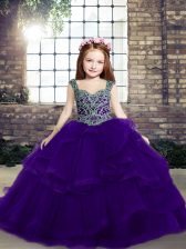  Tulle Straps Sleeveless Lace Up Beading Pageant Gowns For Girls in Purple
