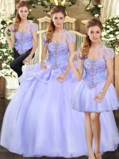  Strapless Sleeveless Vestidos de Quinceanera Floor Length Beading and Appliques Lavender Organza