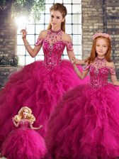  Floor Length Fuchsia Sweet 16 Dresses Tulle Sleeveless Beading and Ruffles