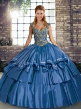 Stunning Blue Straps Lace Up Beading and Ruffled Layers Quince Ball Gowns Sleeveless