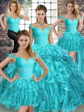  Aqua Blue Lace Up Off The Shoulder Beading and Ruffles Sweet 16 Quinceanera Dress Organza Sleeveless Brush Train