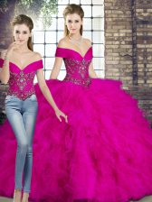  Floor Length Fuchsia Quinceanera Dress Tulle Sleeveless Beading and Ruffles
