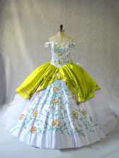  White Organza Lace Up Off The Shoulder Sleeveless Floor Length 15 Quinceanera Dress Embroidery and Ruffles