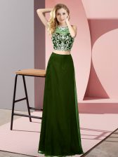 Perfect Floor Length Backless Prom Dress Olive Green for Prom and Party with Beading