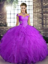 Ball Gowns 15th Birthday Dress Purple Off The Shoulder Tulle Sleeveless Floor Length Lace Up