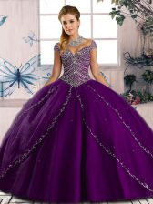 Popular Purple Sweetheart Lace Up Beading Quinceanera Dress Brush Train Cap Sleeves