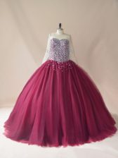  Scoop Long Sleeves Quinceanera Dresses Brush Train Beading Burgundy Tulle