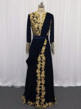 Glittering Navy Blue Zipper Prom Gown Lace and Appliques Long Sleeves Floor Length