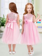 Glorious Rose Pink Empire Organza Scoop Sleeveless Sequins and Hand Made Flower Tea Length Zipper Flower Girl Dresses for Less